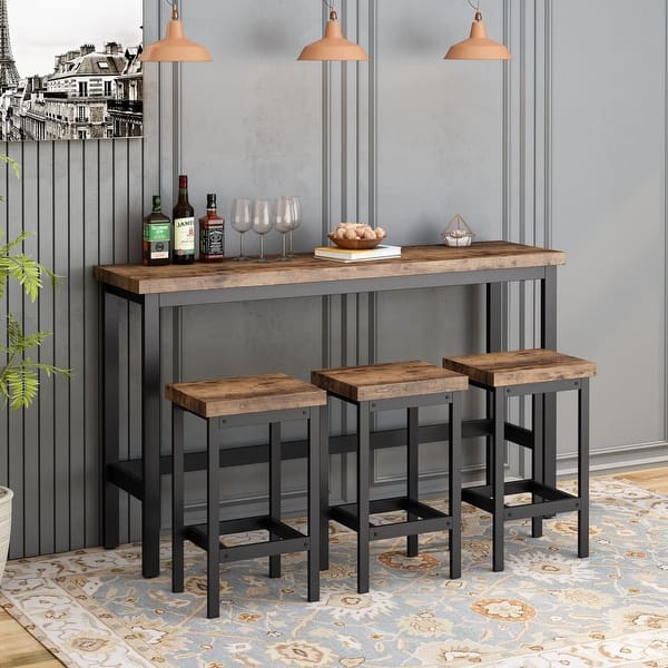 Counter Height Extra Long Dining Table Set with 3 Stools Pub Kitchen Set Side Table with Footrest - Brown