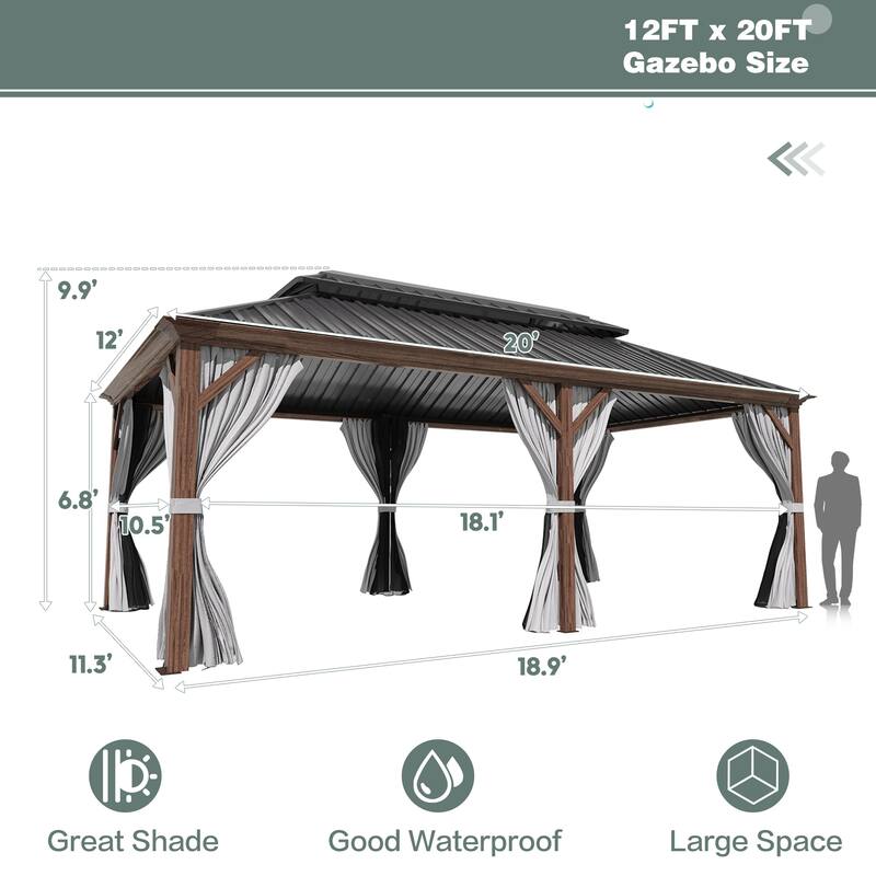 EROMMY Hardtop Gazebo with Galvanized Steel Roof - Waterproof Aluminum Pergola - All-Weather Metal Gazebo for Patio, Poolside