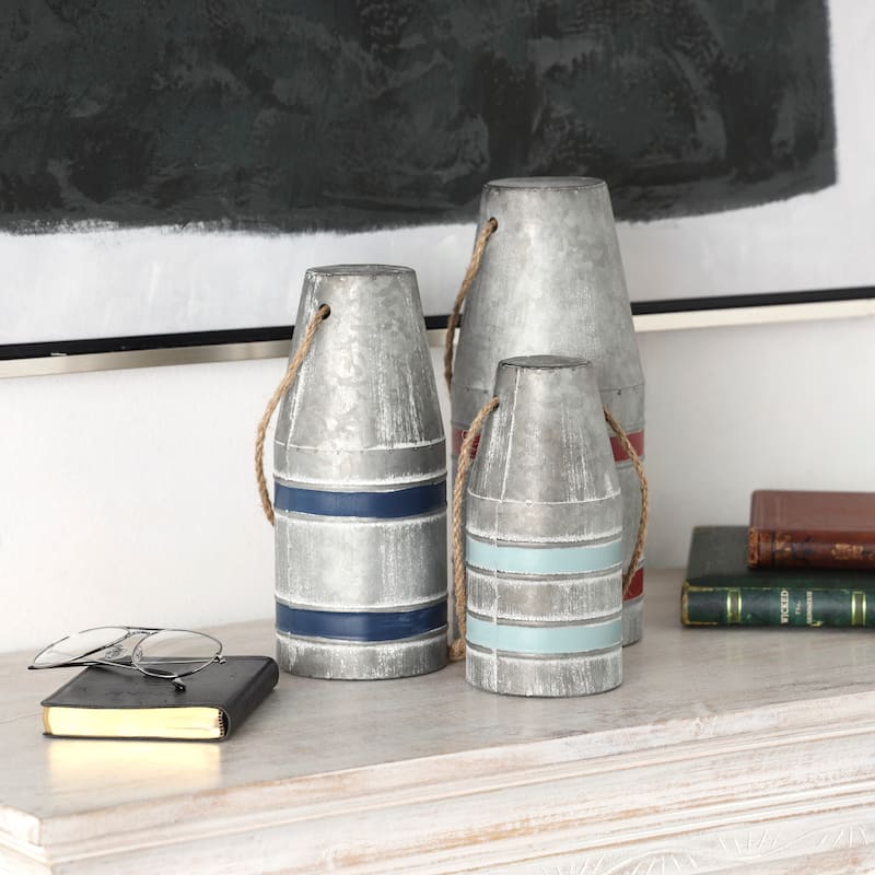 Gray or White Metal Striped Buoy Sculpture with Rope Handles (Set of 3) - Gray
