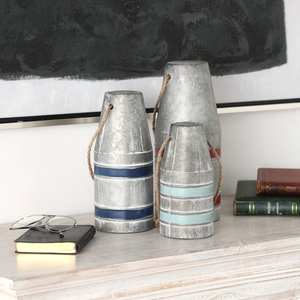 Gray or White Metal Striped Buoy Sculpture with Rope Handles (Set of 3)