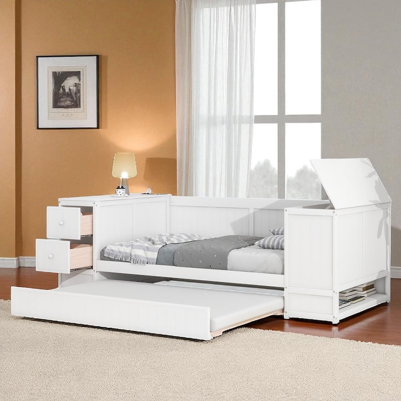 Twin Size Daybed with Storage Arms, Trundle and Charging Station, Solid Wood Frame with Drawers and USB Ports - White - Twin