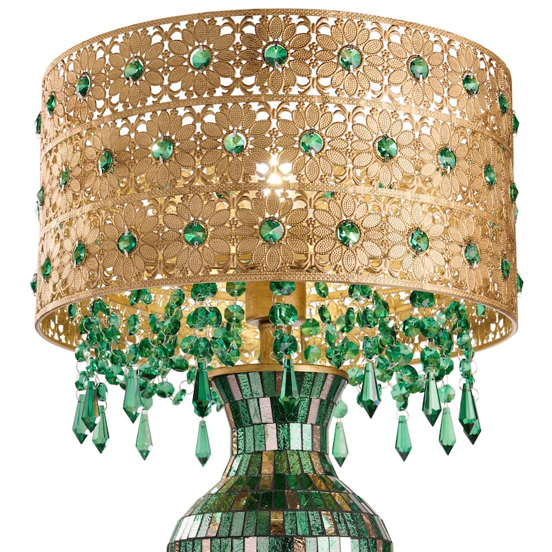 Bridget River of Goods Green and Gold Glass and Metal Drum Shade 25-Inch Table Lamp - 13.75" x 13.75" x 25"