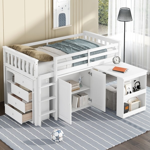 slide 2 of 23, Twin Low Loft Bed Frame Storage Bed with All-in-one Cabinet Shelf Bookcase, Drawers, Guardrail, Ladder Retractable Writing Desk White - Twin
