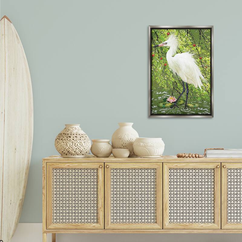 Stupell Sophisticated Heron in Pond Shore Framed Floater Canvas Wall Art Design By Rosiland Solomon