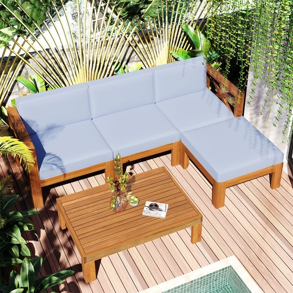 5 Piece Acacia Wood Patio Furniture Set Outdoor Sectional Conversation Sets Sofa Set with Coffee Table and X Back Wood Frame On Sale Bed Bath Beyond 40235682