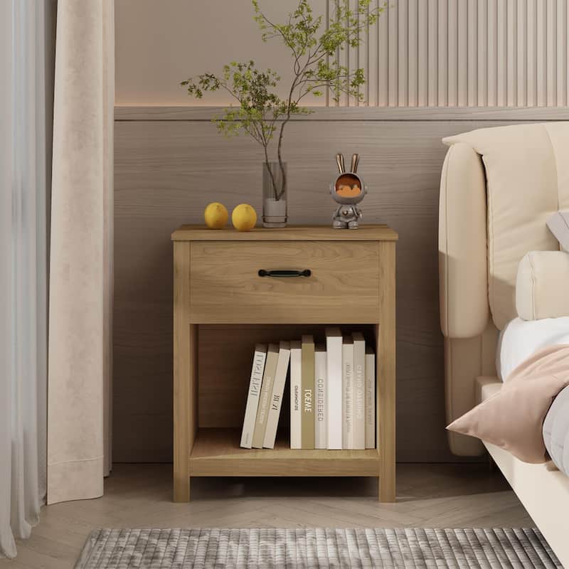 Wood Nightstand with Drawer and Open Shelf, Modern Bedside Table with Storage, Wooden End Table for Bedroom