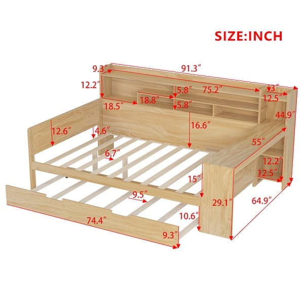 dimension image slide 3 of 4, Roomfitters Wooden Twin/Full Size Daybed with Storage Shelves, Multi-functional Bed with Twin Size Trundle Bed and Study Desk
