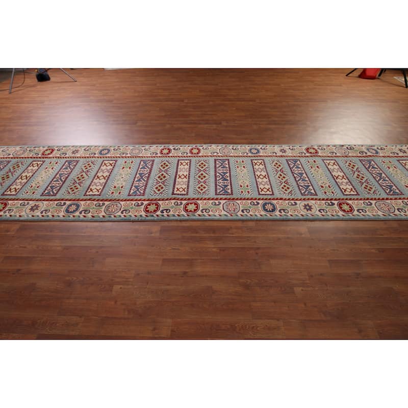 Geometric Blue Kazak Oriental Runner Rug Hand-Knotted Wool Carpet - 3'2" x 16'1"