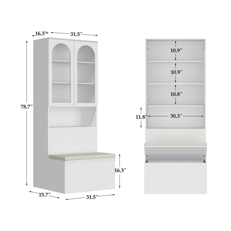 Entryway Cabinet Tempered Glass DoorsStorage Bench with Cushion, Modern Mudroom Hall Tree Organizer with Hidden Storage
