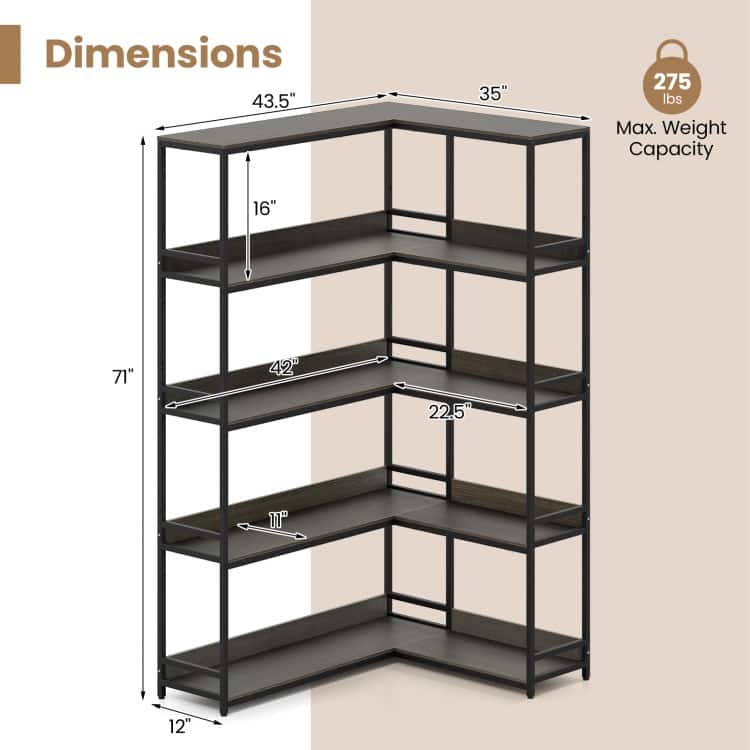 Metal and Wood L-Shaped Bookshelf 5-Tier Corner Shelf with Anti-Tip Kits - 43.5" L x 35" W x 71" H
