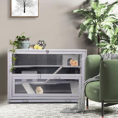 3-Tier Gray Wood Hamster Cage with Hideouts, Ramps, and Pull-Out Tray - Ideal Guinea Pig and Rat Habitat