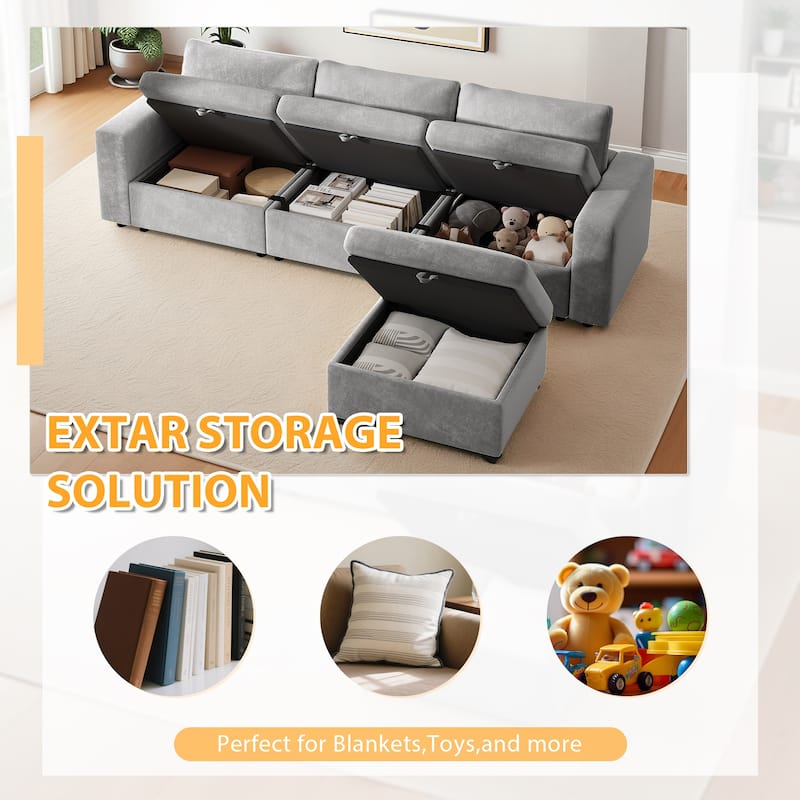 Velvet Upholstered Modular Deep Seating Couches L-shaped Chaise Sectional Sofa with Side Pockets, Storage Ottoman and Seat