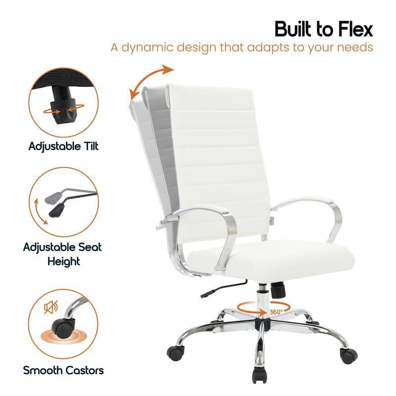 Benmar High-Back Leather Office Desk Chair in Stainless Steel Frame Adjustable Height Tilt Lock 360 Swivel Ergonomic Chair