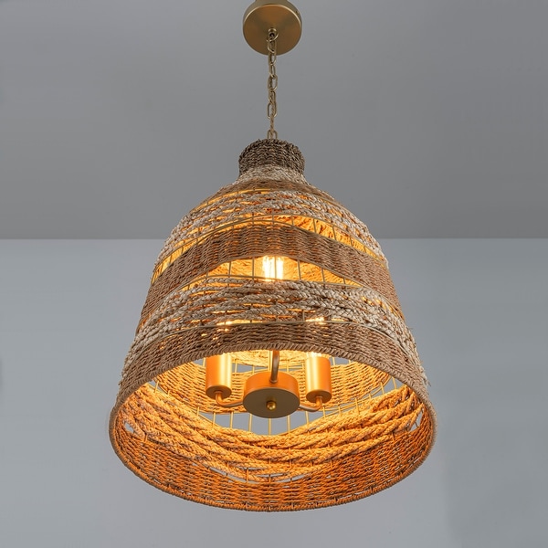 Harris 3 Light Natural Woven Bell Pendant Light in Brass Coastal Chandelier