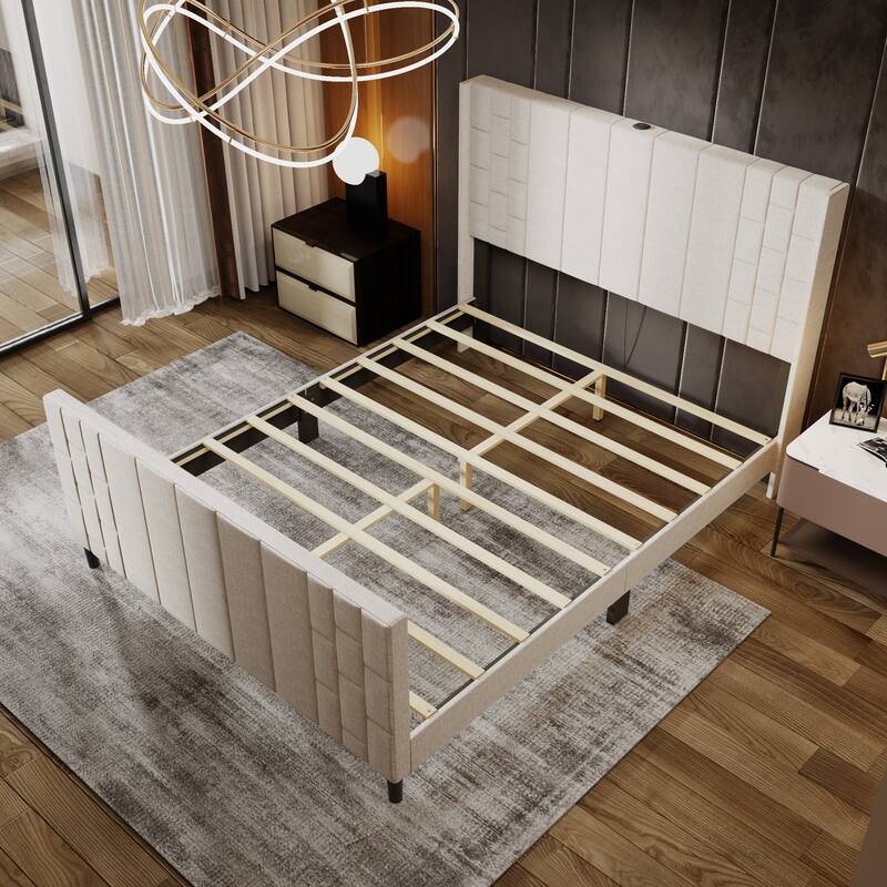 Upholstered Bed Frame with USB Port, Platform Bed with Headboard and Footboard Queen Size
