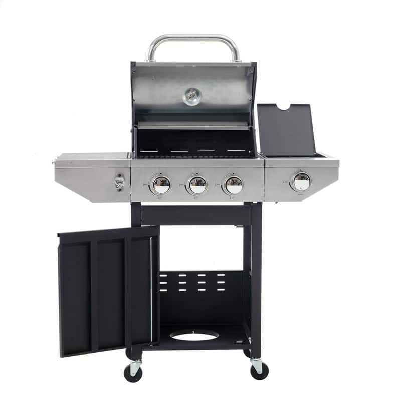 Stainless Steel Gas Grill with Side Burner and Thermometer for Outdoor BBQ, Camping
