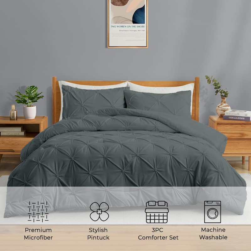 3 Piece Pintuck Pinch Pleat Comforter Set, Bedding Set for All Season, Charcoal Gray