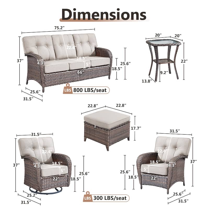 TWrap 8-Piece Patio Brown Wicker Sofa Conversation Set with 5-Inch Thick Cushions