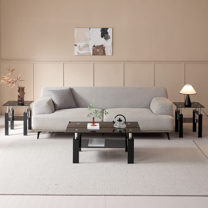 Tempered Glass Coffee Table Dining Table with Open Shelf, 2-Layer End Table Office Table with Sleek Waterfall Edges