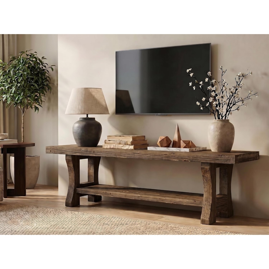 55-Inch Solid Wood TV Stand, 2-Tier Farmhouse Media Console