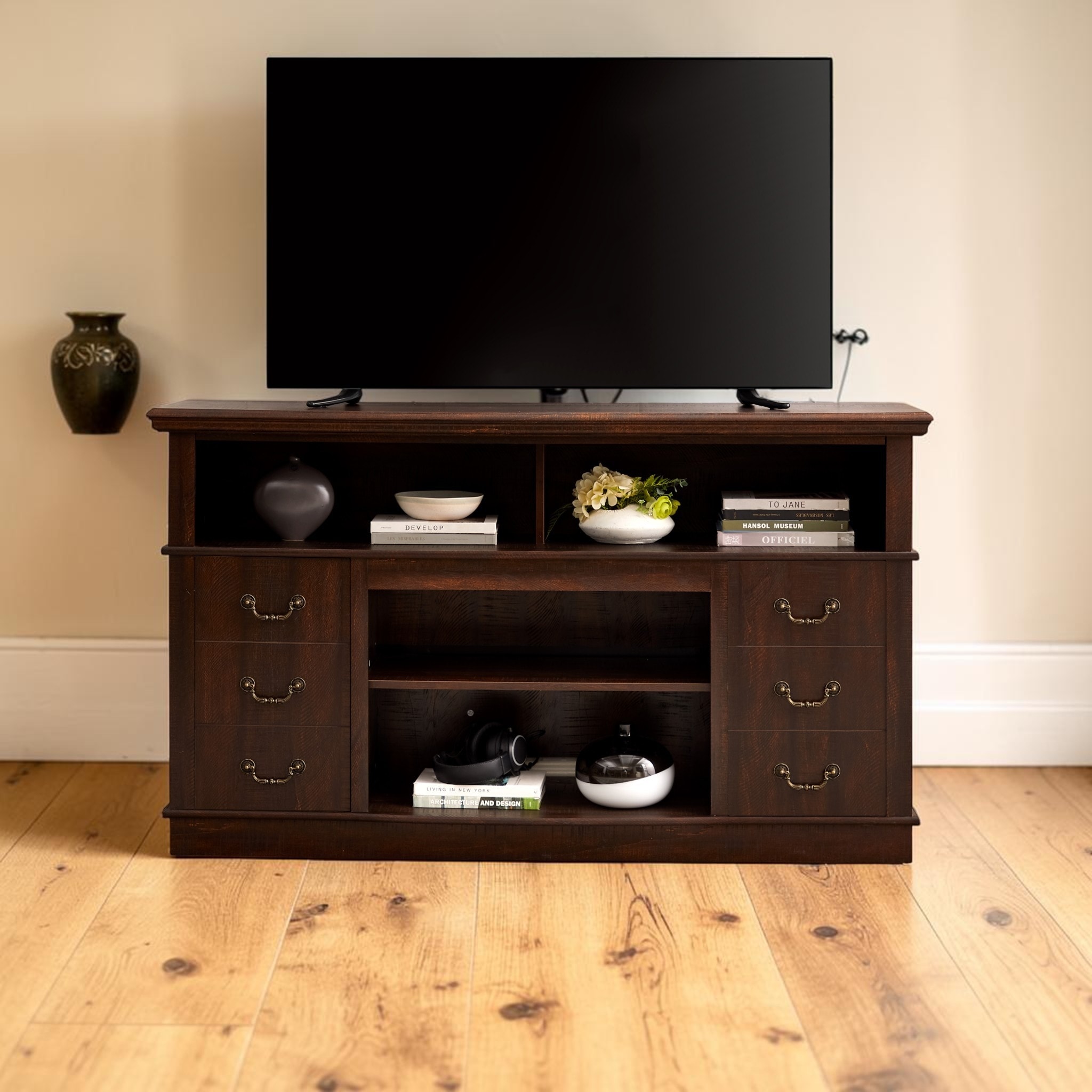 60" Retro TV Stand with Storage Cabinets and Shelves, Mid Century Modern Entertainment Center for 65" TVs