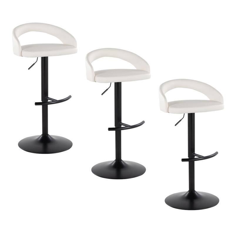 Grotto Upholstered Adjustable Barstool with Black Metal - Set Of 3 - White Faux Leather