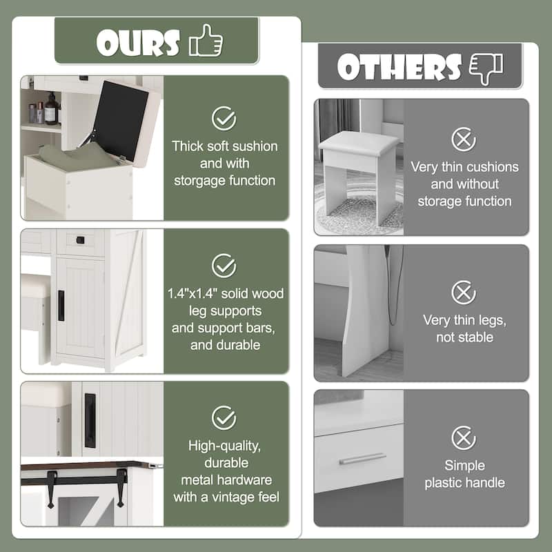 43.3" Farmhouse Vanity Set with LED Mirror & Charging Station