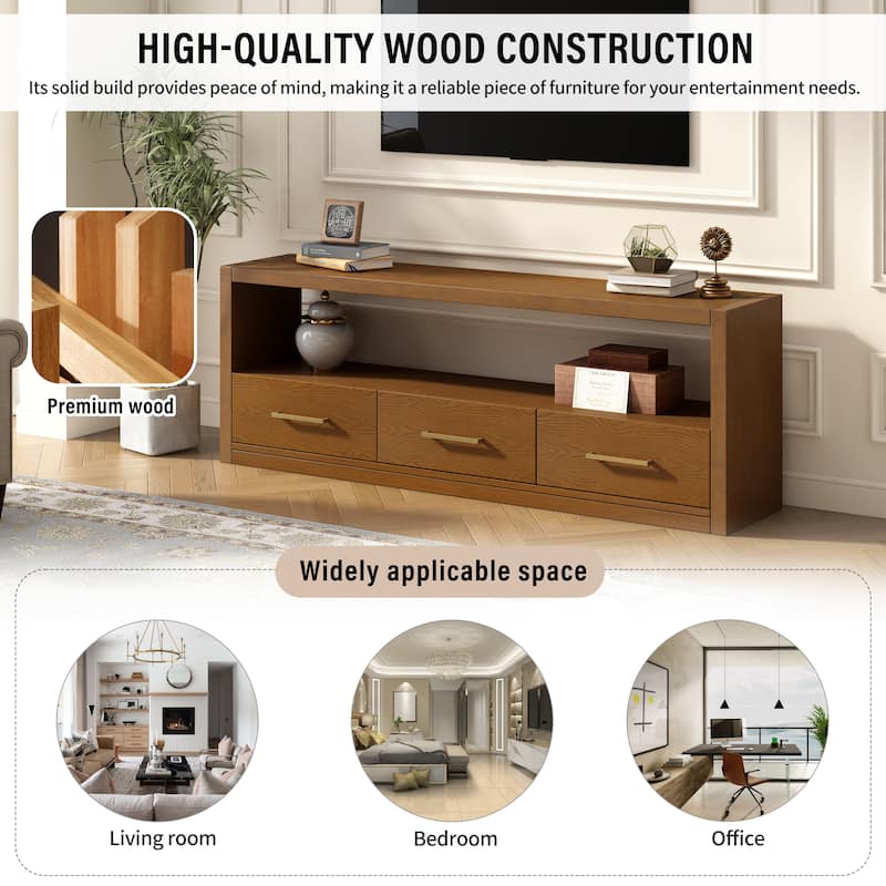 74" Wood TV Stand Wide Top Media Console Table w/ 3 Drawers, Metal Handles, Classic Entertainment Center for Living Room
