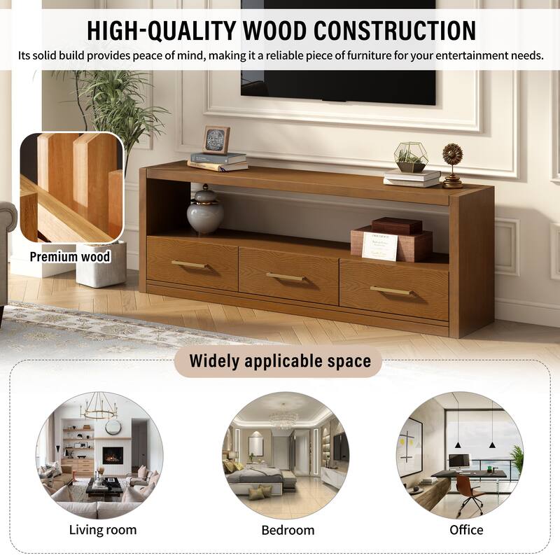 Minimalist Wood TV Stand with 3 Drawers and Large Storage Capacity Shelf for Living Room Bedroom and Office