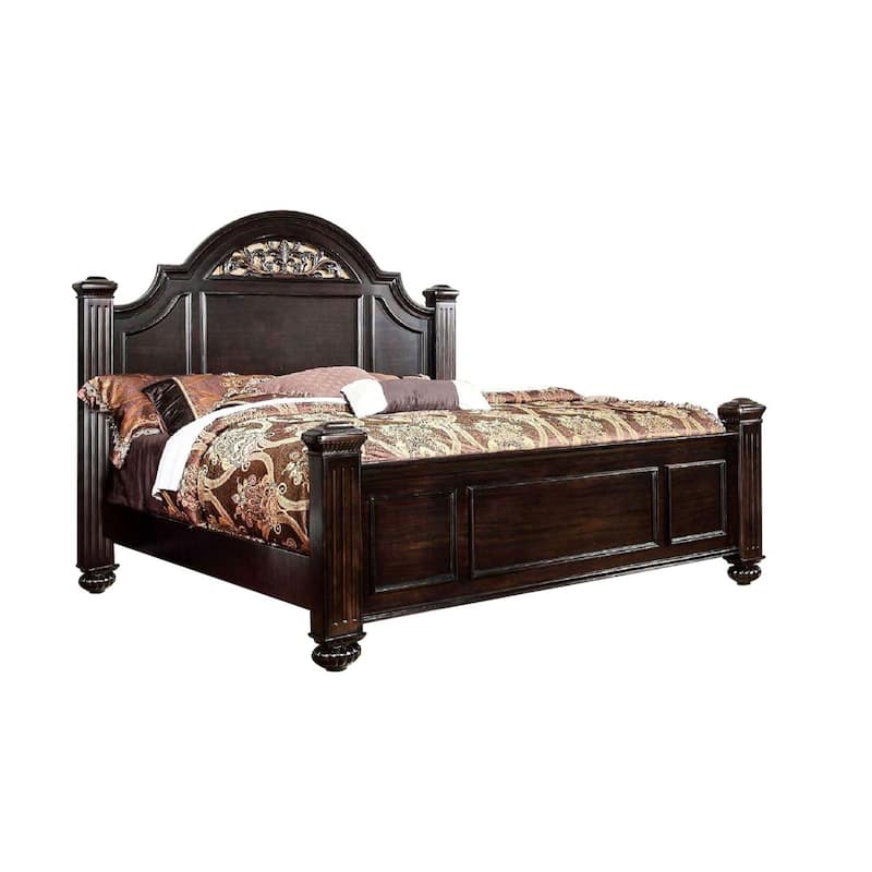 Wooden Bed With Floral Design in Headboard, Dark Walnut