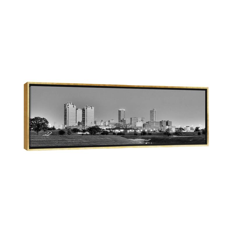 iCanvas "Fort Worth Panoramic Skyline Cityscape (Black & White - Evening)" by Unknown Artist Framed Canvas Print - 16x48 - Gold