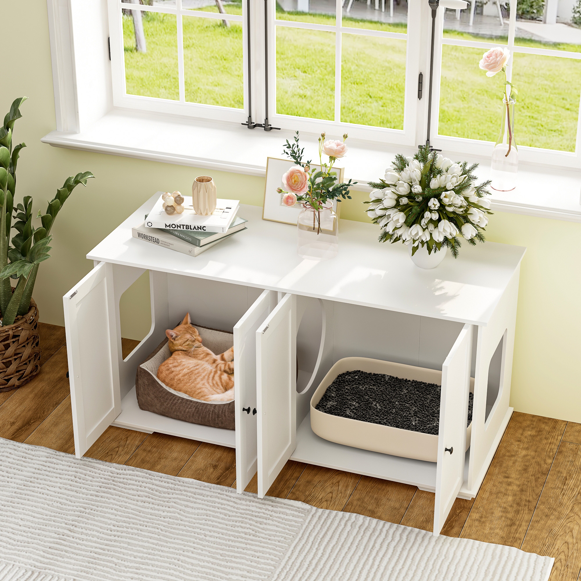 47.2 W Cat Litter Box Enclosure Dual Door Hidden Furniture Black White