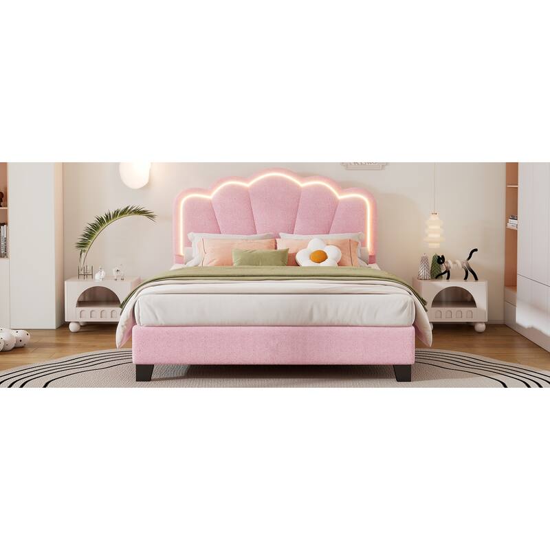 Sherpa Fabric Upholstered Platform Bed with Elegant Flowers Headboard and Wooden Slats Support