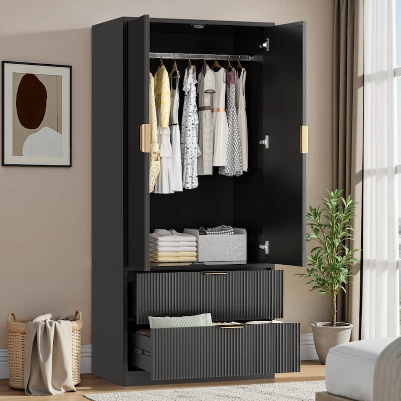 Pocassy 70" H Wardrobe Closet with 2 Doors and 2 Drawers for Bedroom