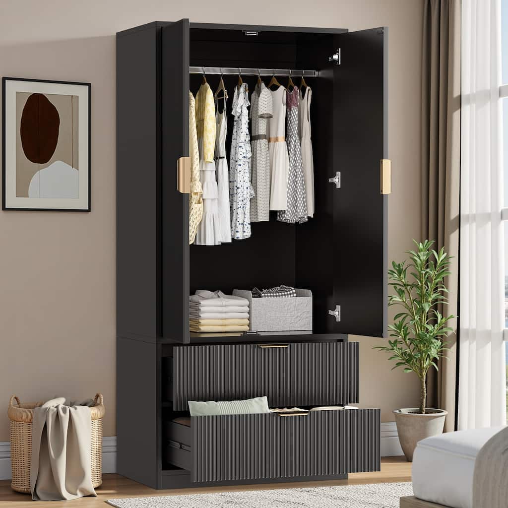 Pocassy 70" H Wardrobe Closet with 2 Doors and 2 Drawers