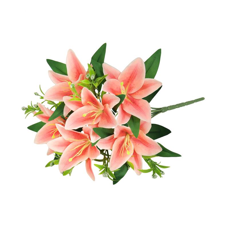 Set of 4 Coral Artificial Stargazer Lily Flower Stem Bush Bouquet 13in - 13" L x 8" W x 8" DP