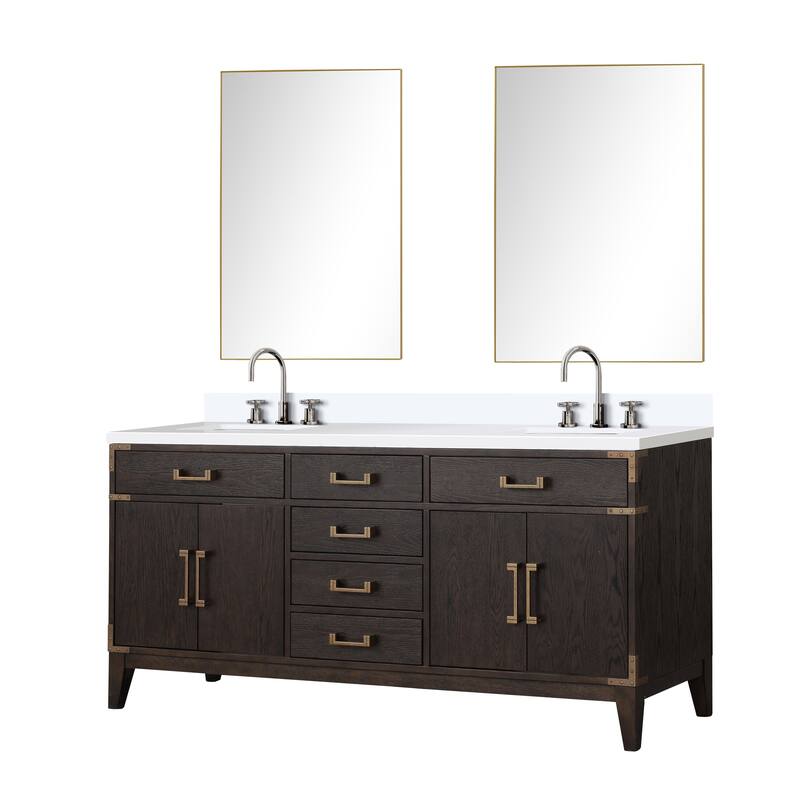 Laurel 60 in W x 22 in D Black Oak Double Bath Vanity, White Quartz Top, Faucet Set, and 28 in Mirrors