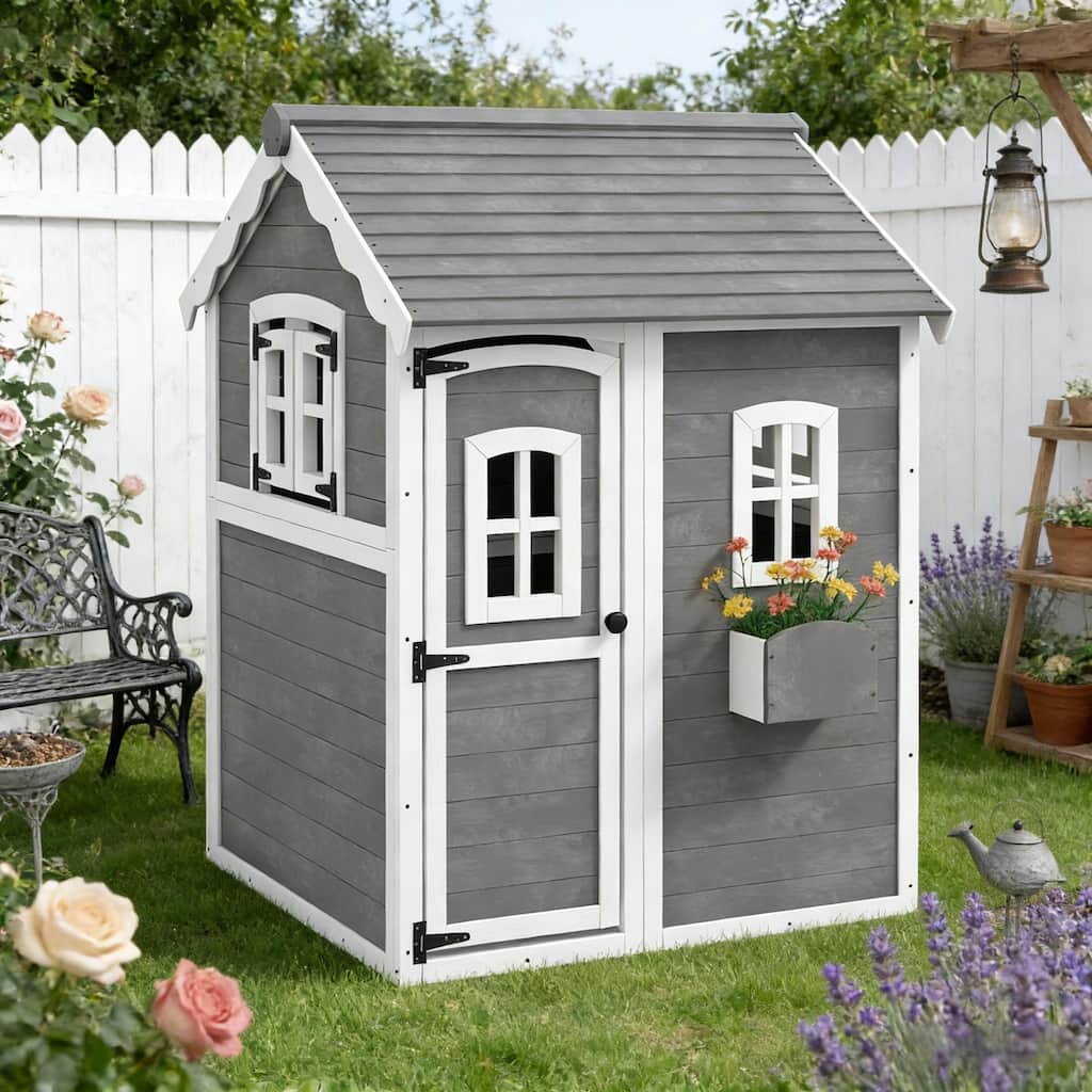 GDFStudio Outdoor Rowan Fir Wood Kids Playhouse with Windows and Plant Box - Gray