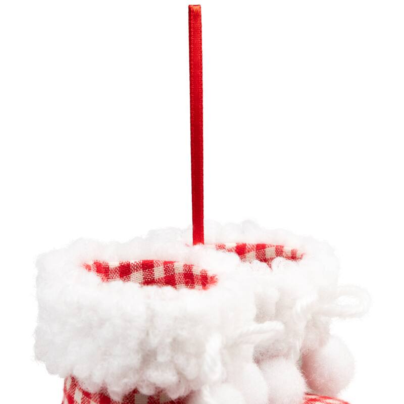 Checkered Baby Boots with Pom Poms Christmas Ornament - 4" - White and Red