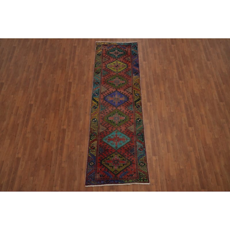 Hand Knotted Oriental 100% Wool Carpet Traditional Geometric Oranges & Rust Tabriz Runner Rug - 9' 10'' X 3' 1''