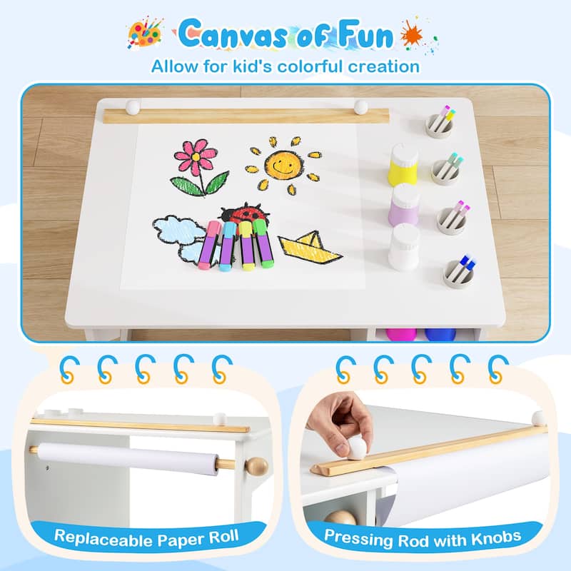 Gymax Kid's Art Table & Chair Set w/ Paper Roll 4 Paint Cups & 2