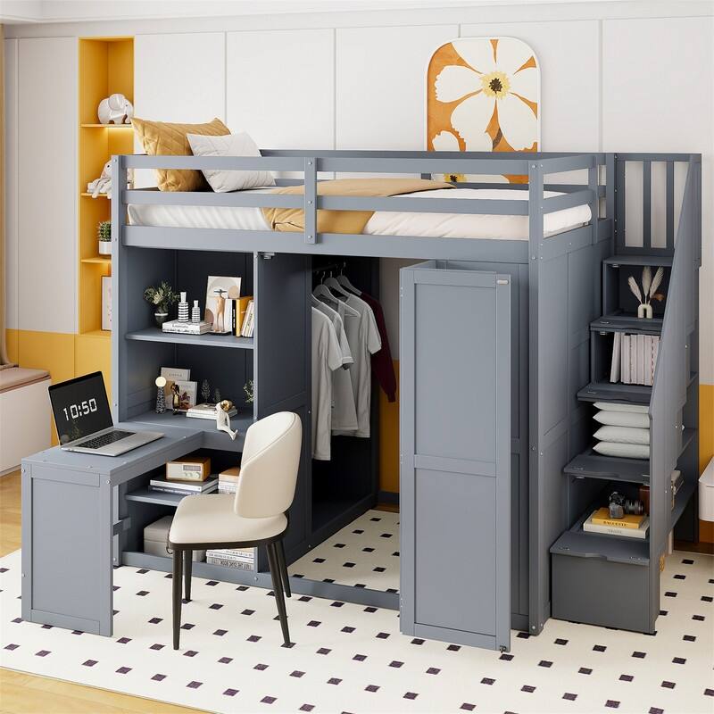 Full Size Loft Bed with Wardrobe, Bulit-in Desk and Storage Staircase, Kids Loft Bedframe with Storage Shelves and Guardrail - Grey