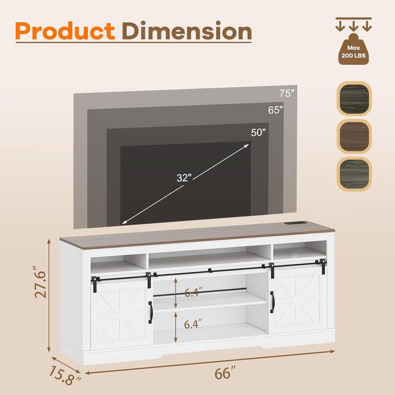 66" Farmhouse TV Stands, Entertainment Center with Open Storage, Power Outlets - N/A