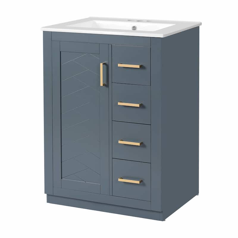 24" Bathroom Vanity with Integrated Ceramic Sink, Cabinet with 1 Door and 3 Drawers