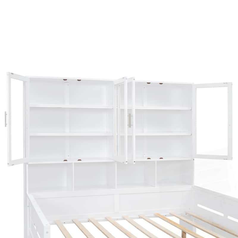 Wooden Daybed with Glass-Door Storage Cabinets Built-in LED Lighting and Shelves