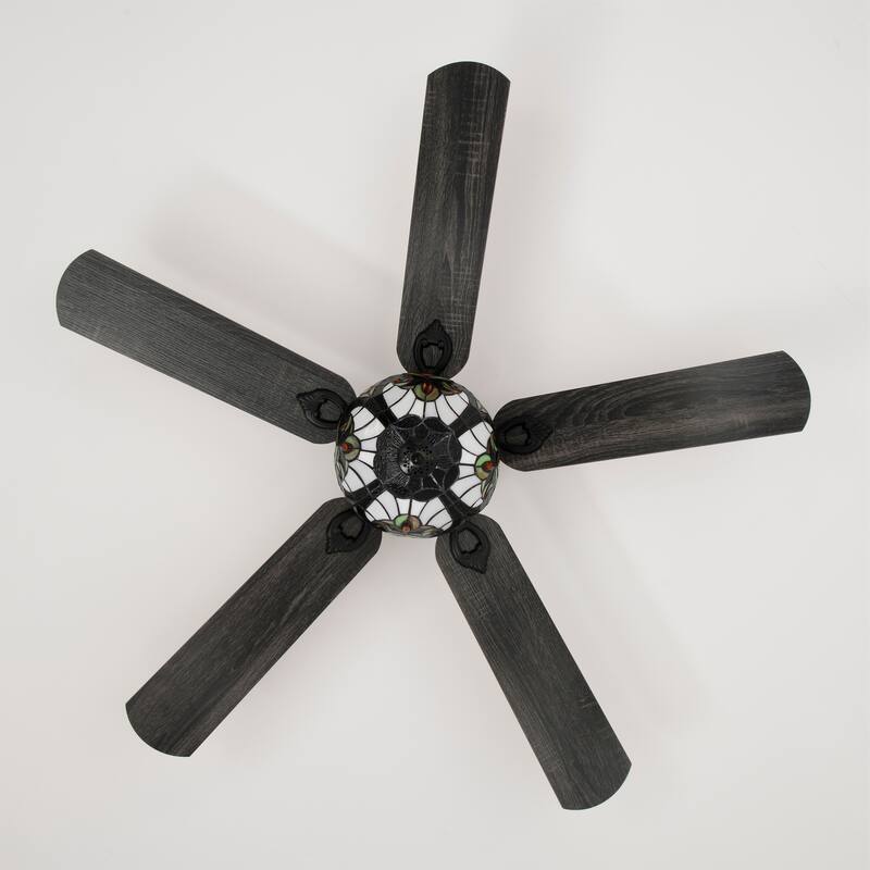 Apgrie 52-Inch Flushmount Lighted Ceiling Fan Warm Tones Tiffany Glass Lamp Black Finish