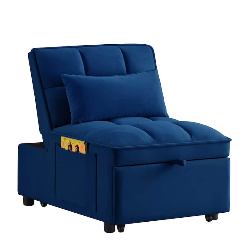 Velvet Multi-Function Chair Bed with Adjustable Backrest, Storage Pockets and Convertible Chaise Design