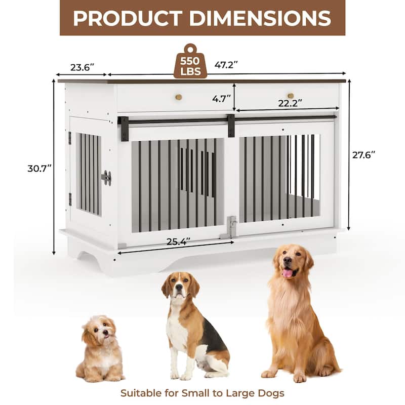 Furniture Style Dog Crate with Divider, Storage Drawers and 3 Doors