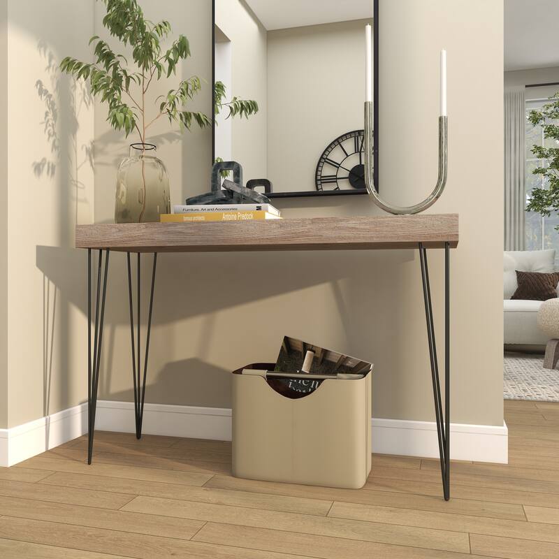 Brown Wood Console Table with Black Metal Hairpin Legs