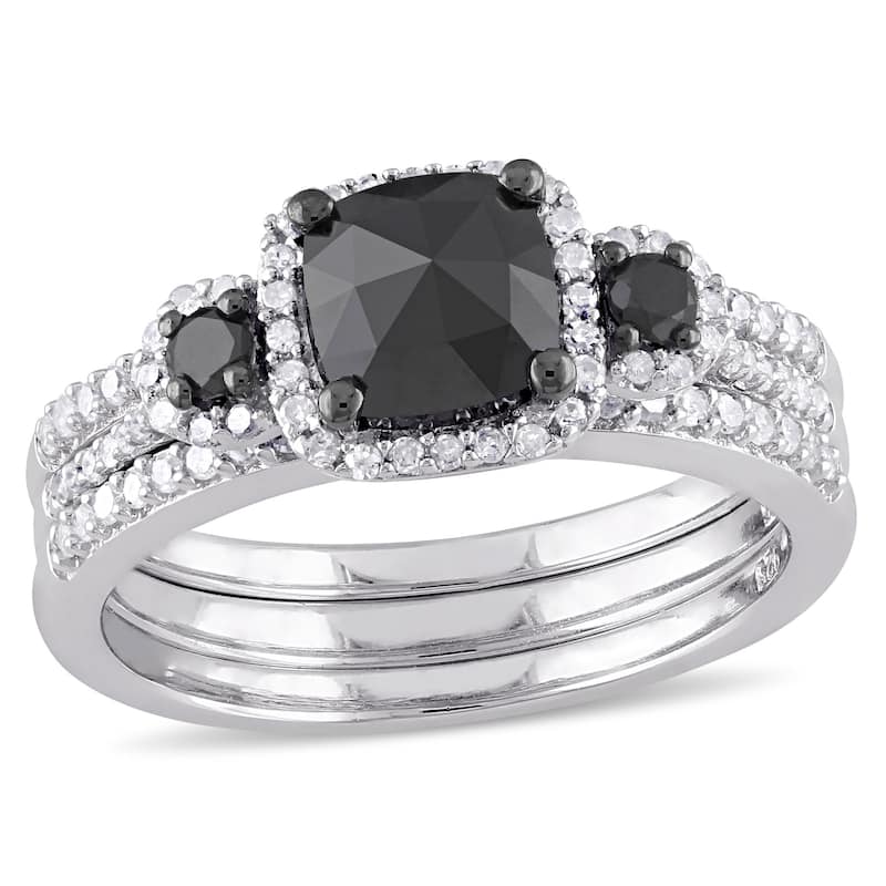 Miadora 1 3/4ct TDW Black White Diamond Bridal Ring Set in Sterling Silver